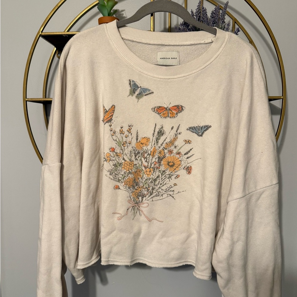 American Eagle Outfitters Cropped Cream Crew Neck Sweater with Butterfly Design
